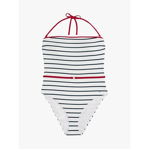 Tommy Hilfiger | NWT The Sofia Capsule Bandeau Belted Swimsuit Navy White Stripe - Picture 2 of 15
